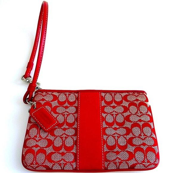 Vintage New Coach Red Signature Logo Leather & Canvas Wristlet with Duster Bag. - Picture 4 of 13